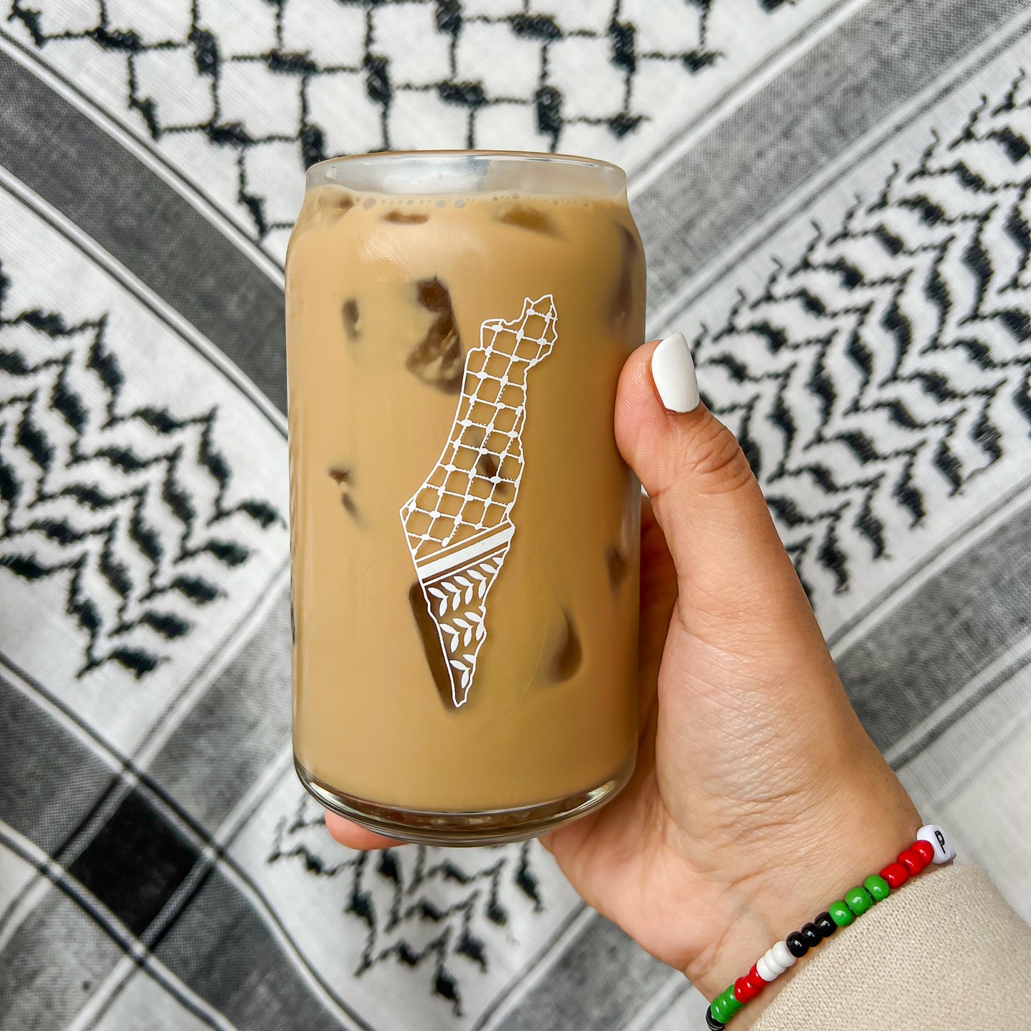 Palestine White Kuffiyeh Map Glass Cup