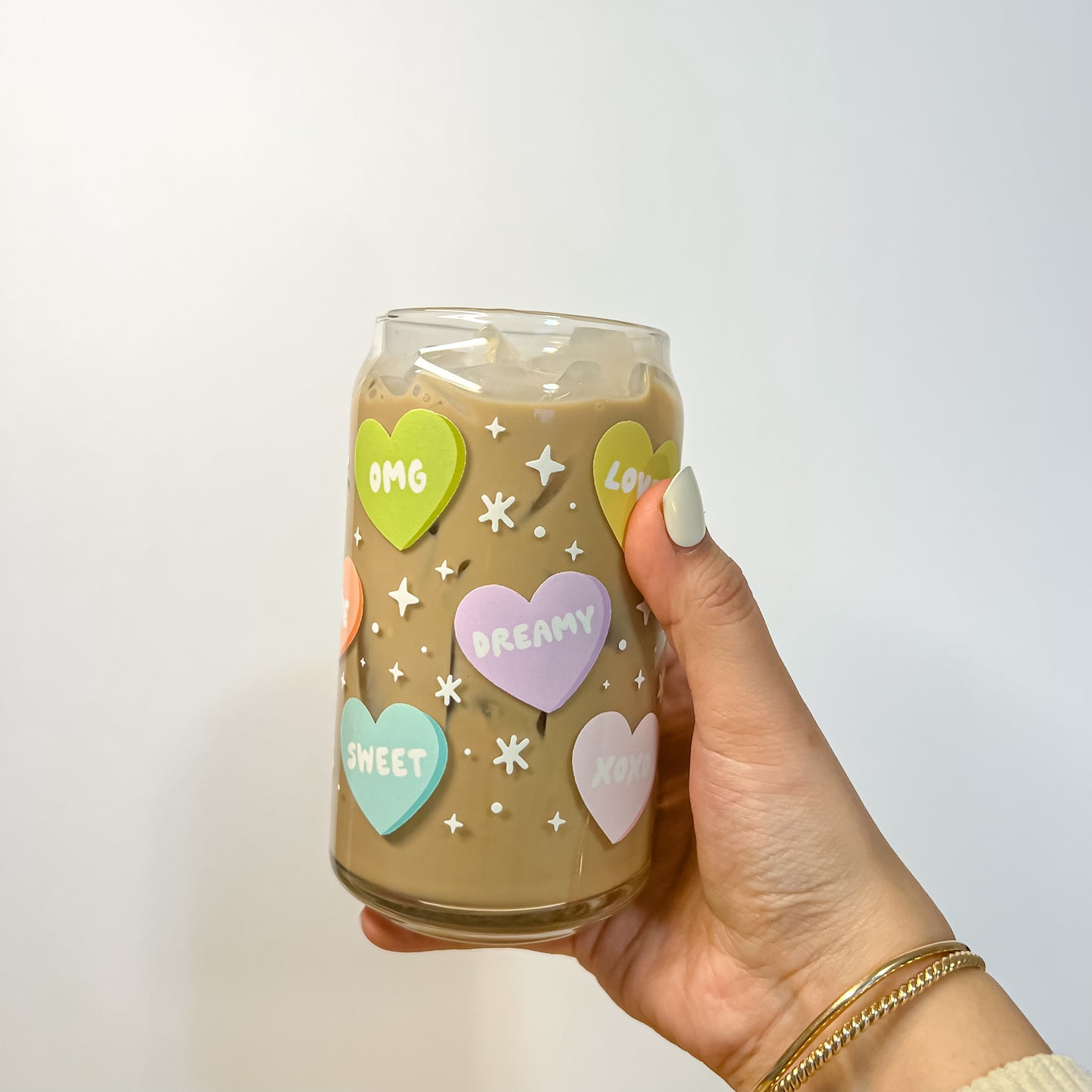 Pastel Candy Hearts Coffee Glass Cup
