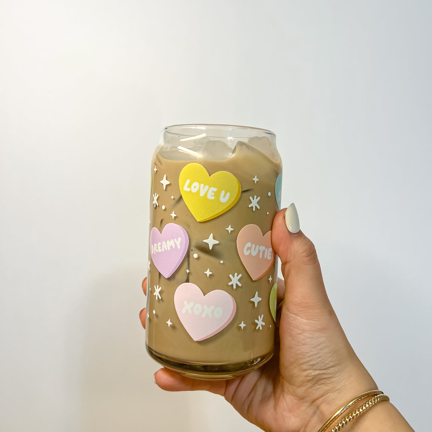 Pastel Candy Hearts Coffee Glass Cup