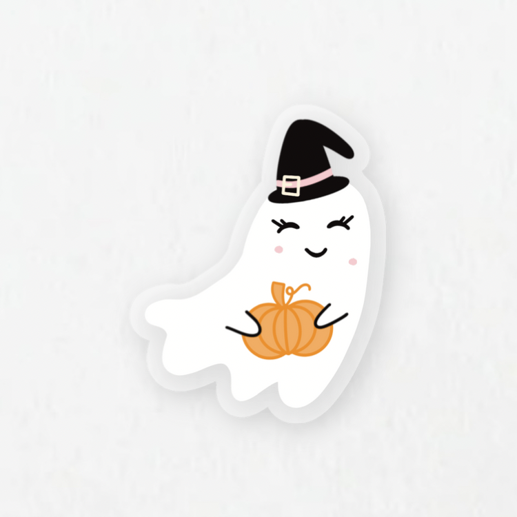 Transparent Cutie Witch Ghostie With Pumpkin Sticker