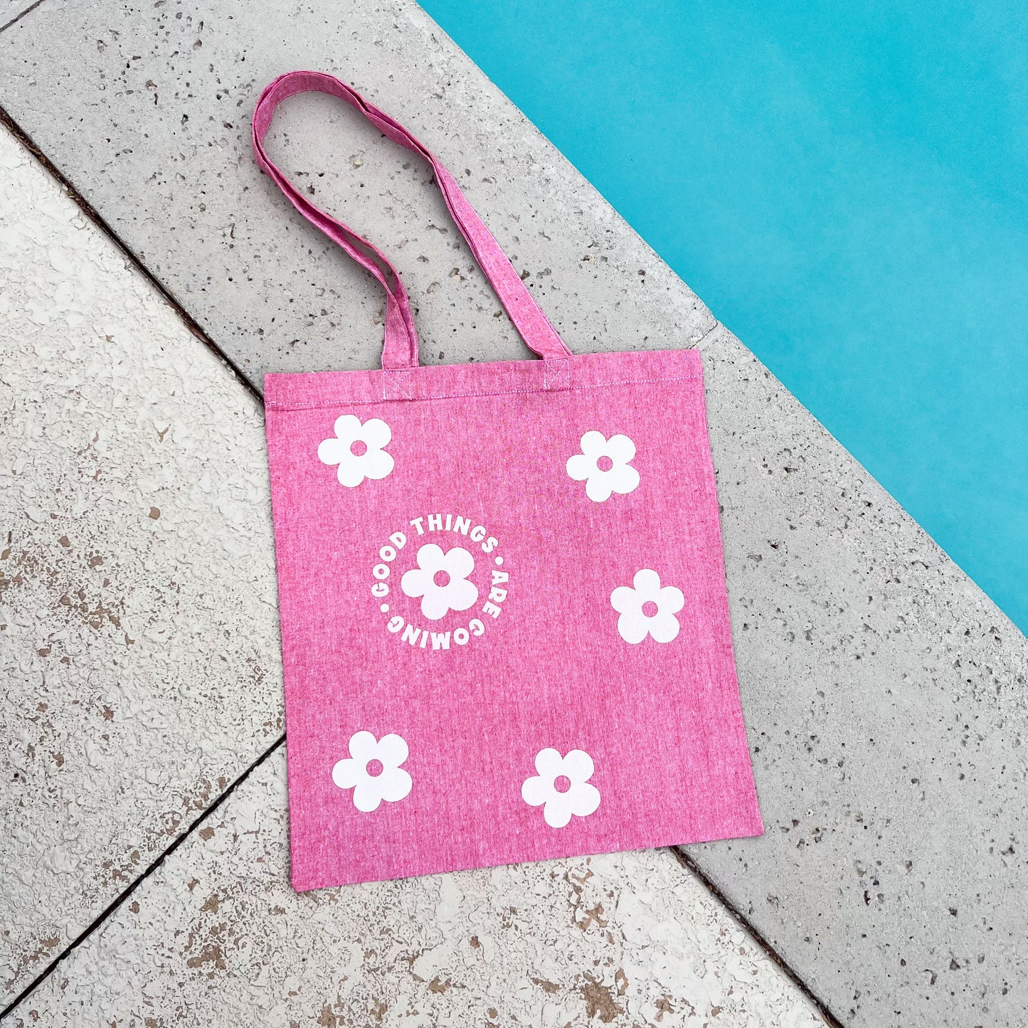 Pink Good Things Are Coming White Daisy Tote Bag