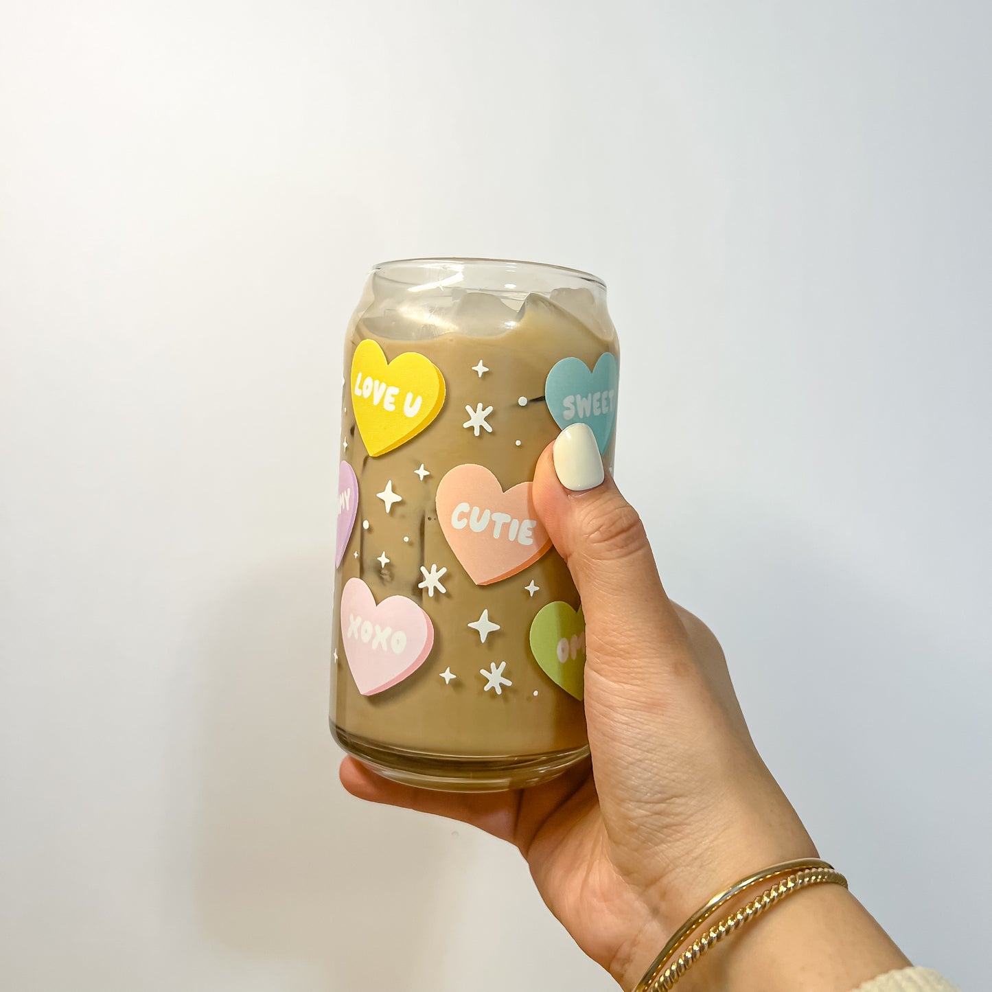 Pastel Candy Hearts Coffee Glass Cup