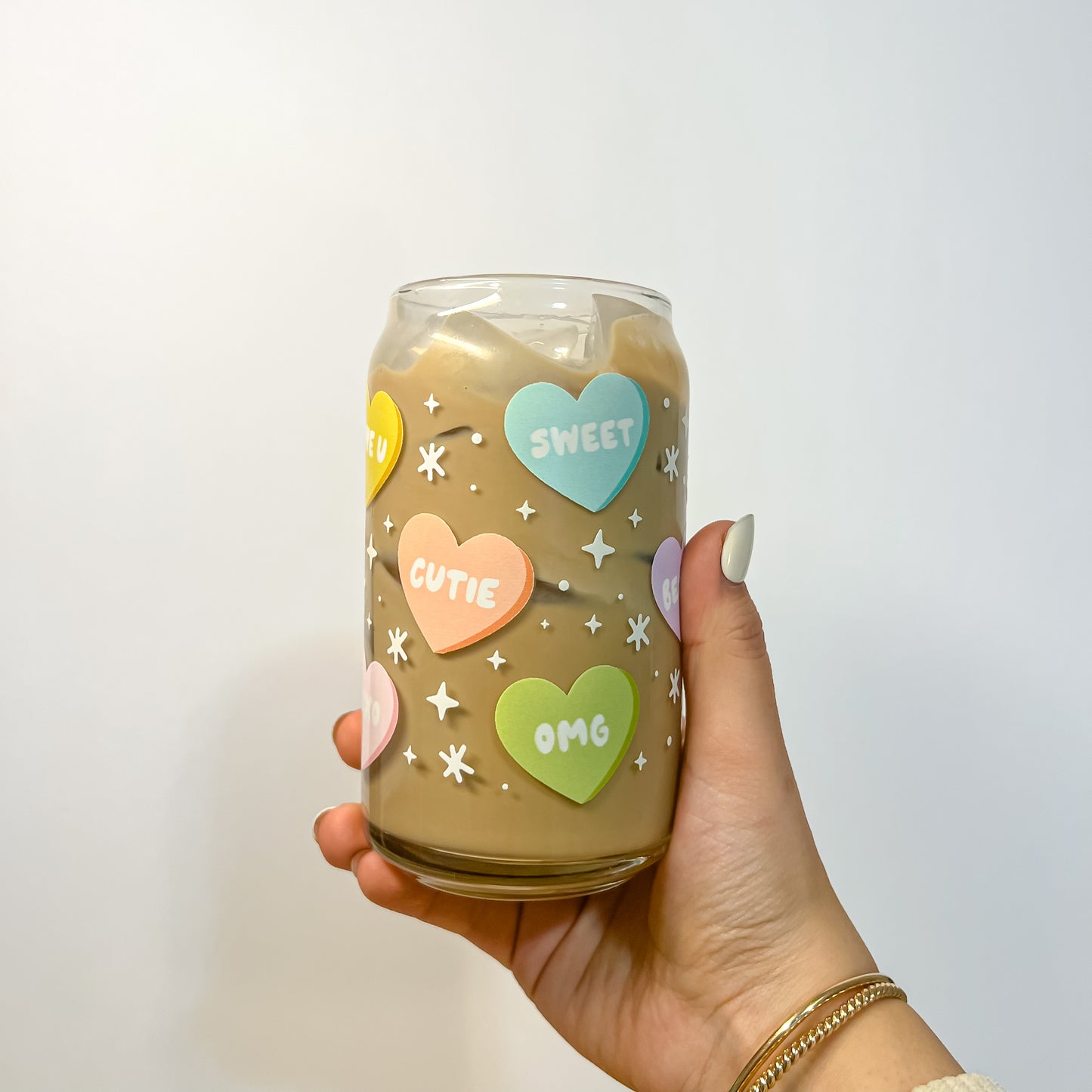Pastel Candy Hearts Coffee Glass Cup