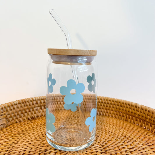 Blue Retro Daisy Glass Cup