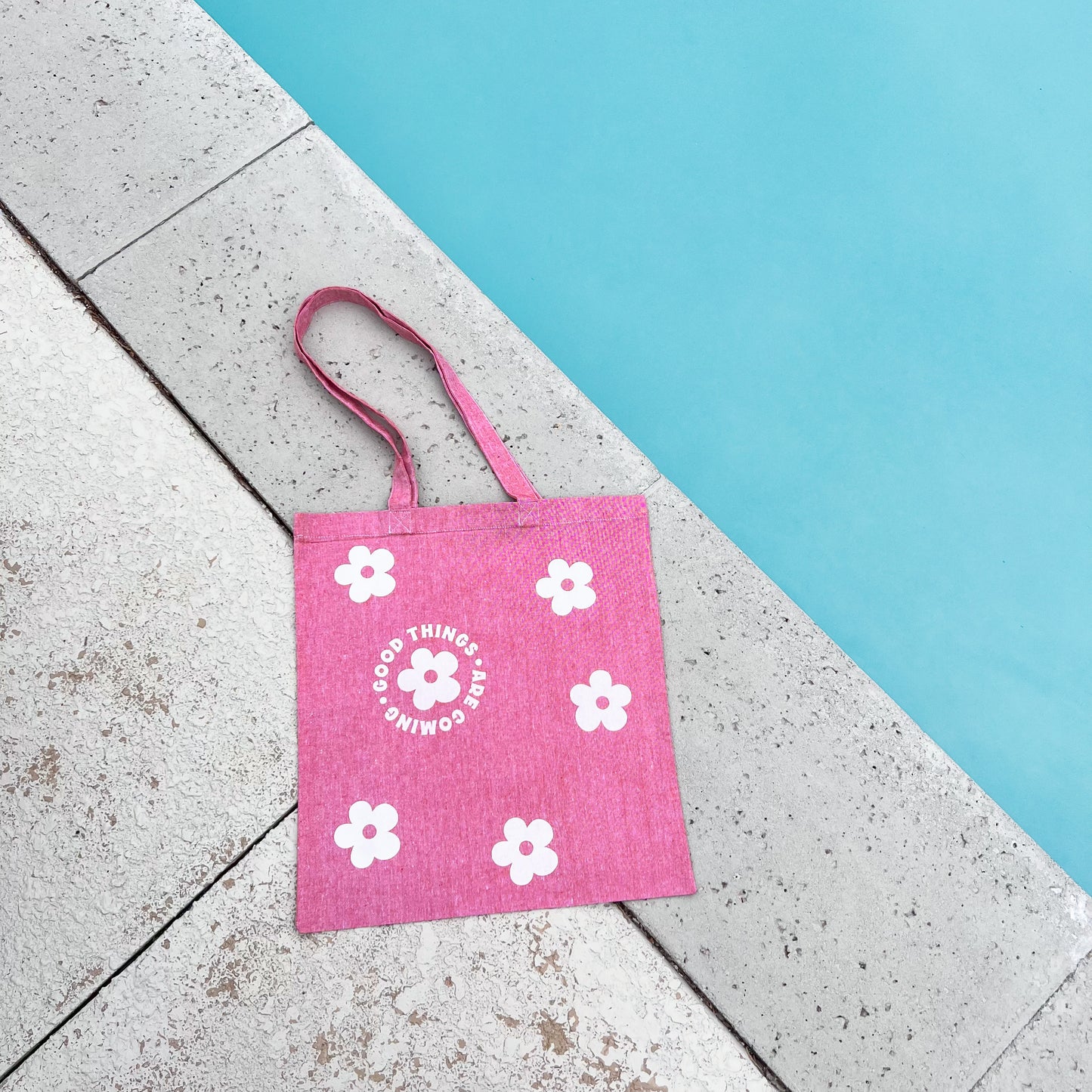 Pink Good Things Are Coming White Daisy Tote Bag