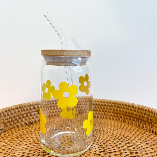 Yellow Retro Daisy Glass Cup
